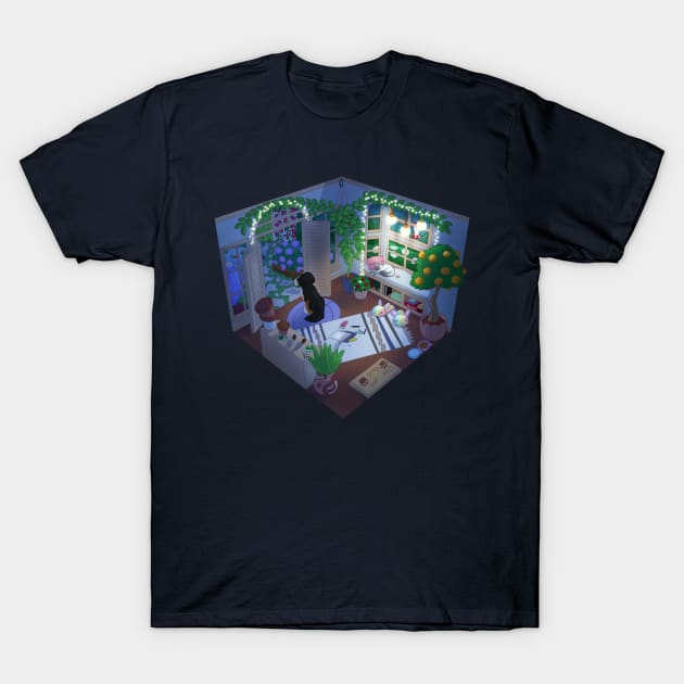 LoFi Rainy Night Sunroom T-Shirt by ParadisePaws